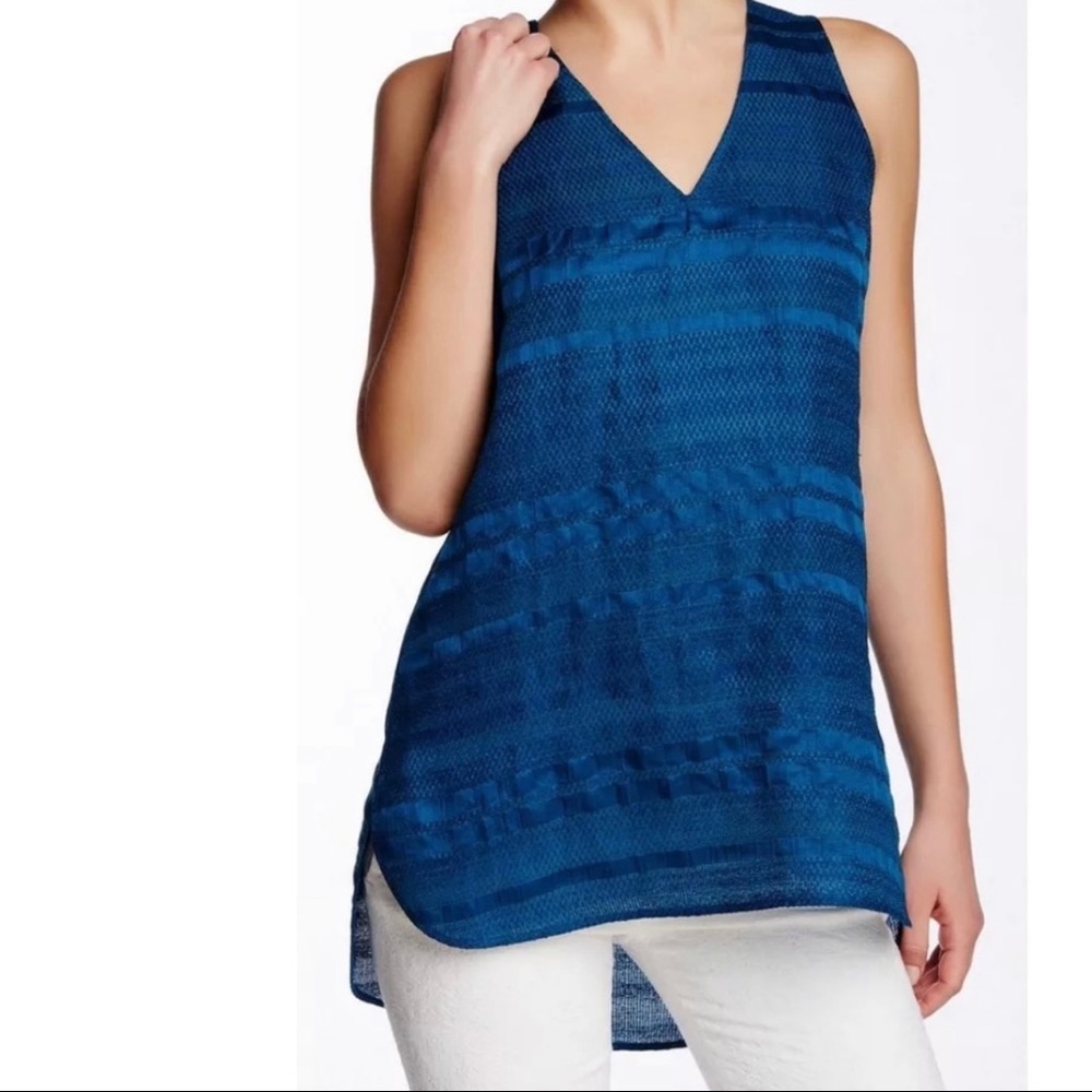 Vince Lake Linen Silk Woven Tunic Top Blue Green